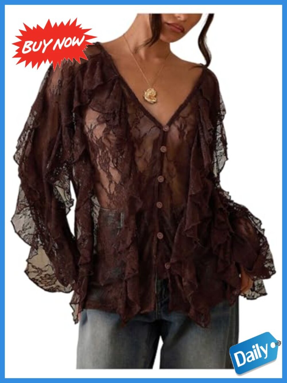 Sheer Mesh Lace Blouse Long Sleeve Button Down V-Neck Ruffle Top